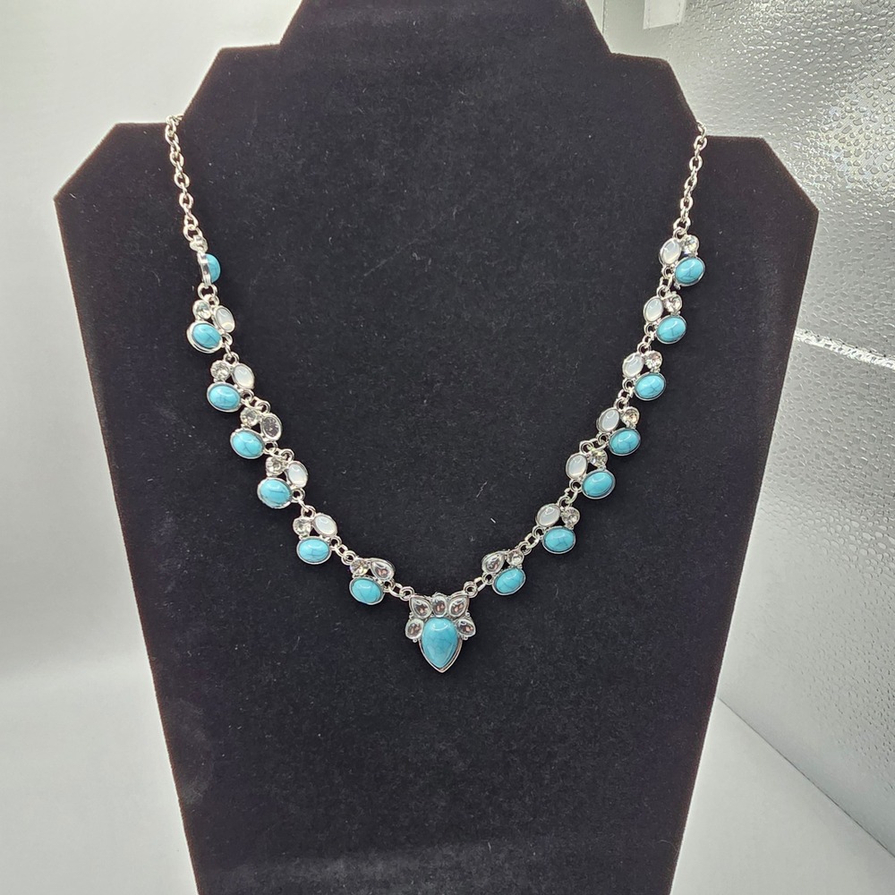 Turquoise Moonstone Silver Tone Statement Necklace Boho Southwestern Bib Jewelry